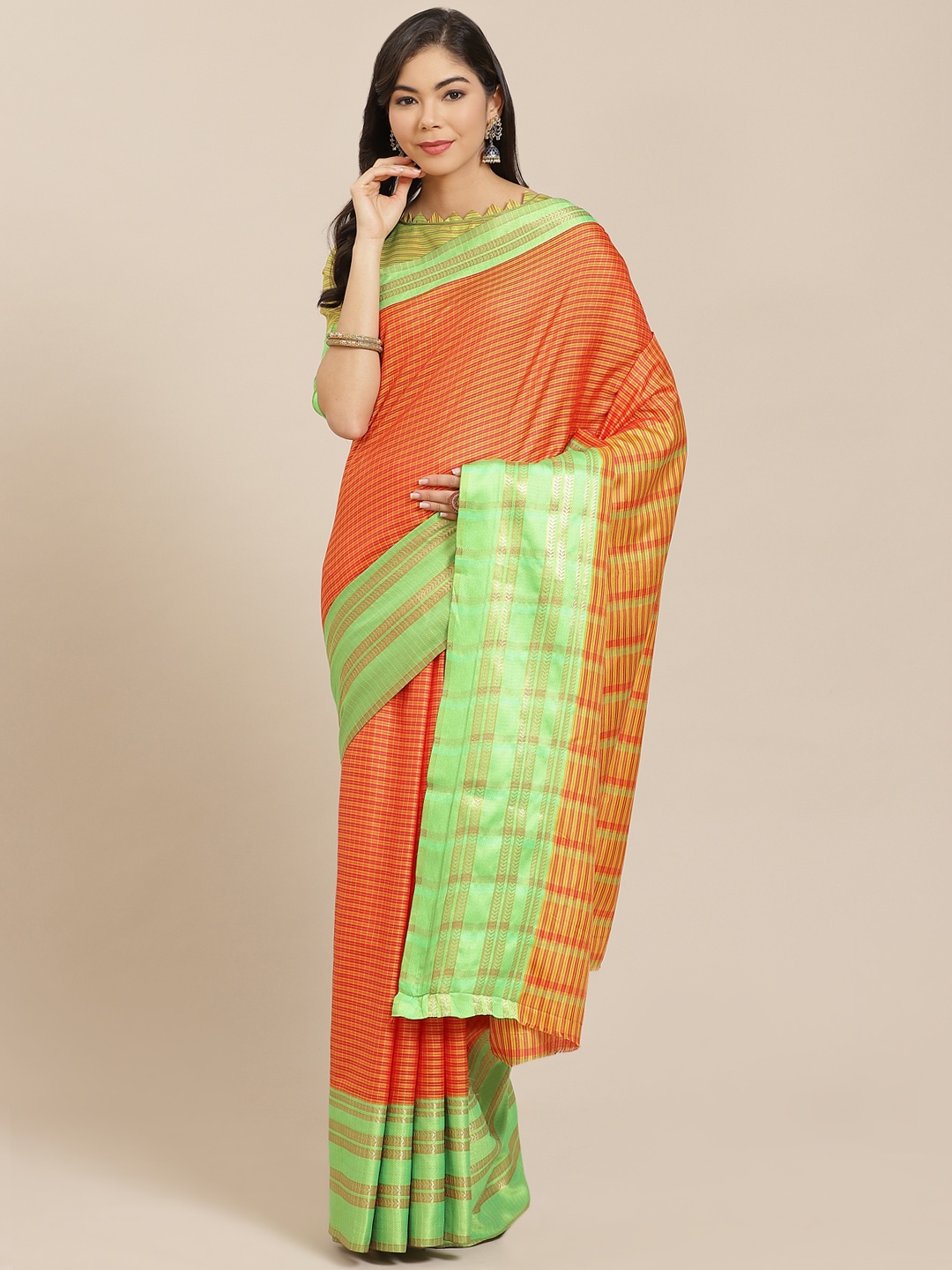 KALINI Orange & Green Striped Saree
