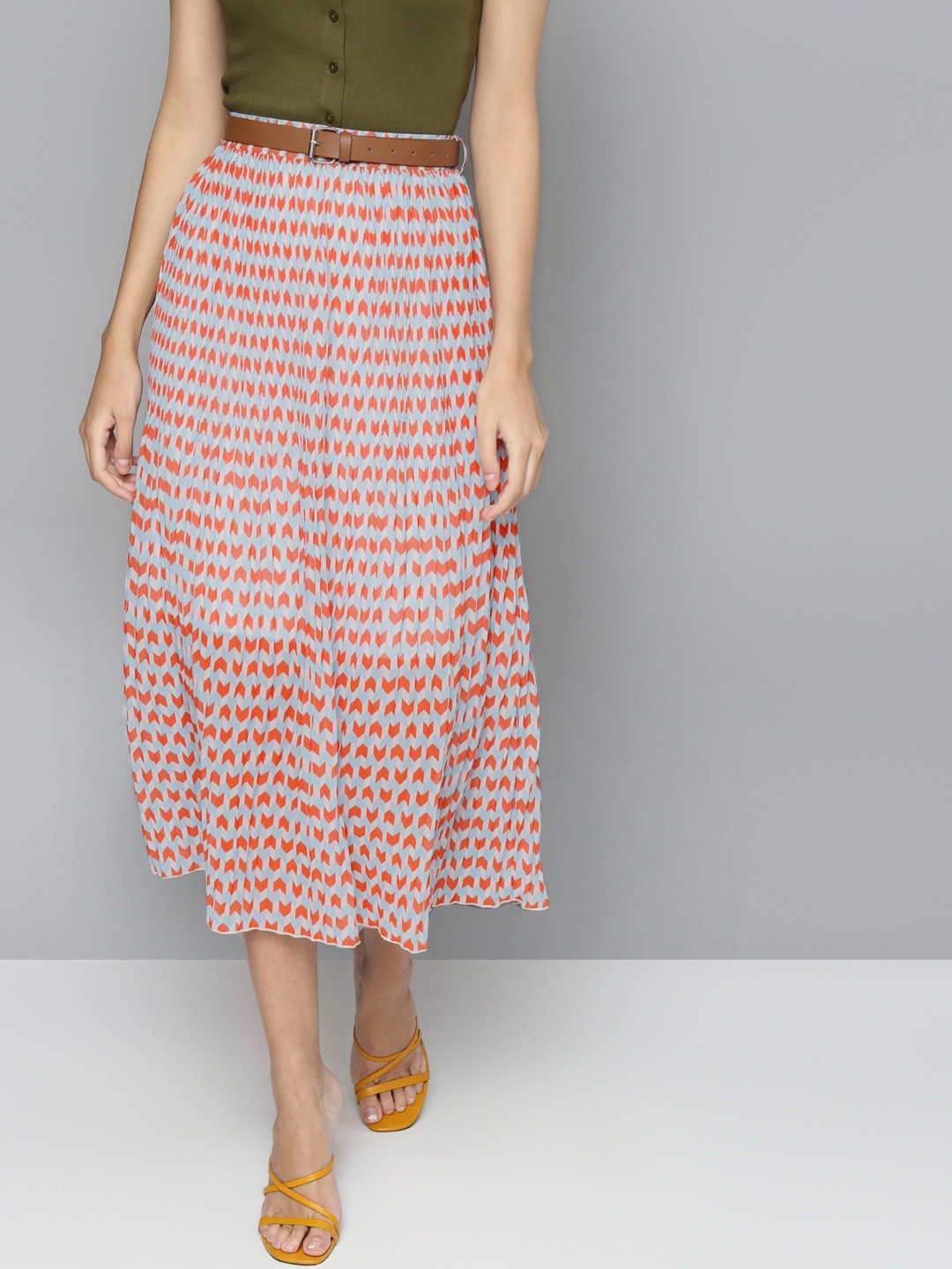 SASSAFRAS Orange & Blue Printed Accordion Pleated Flared Belted Skirt