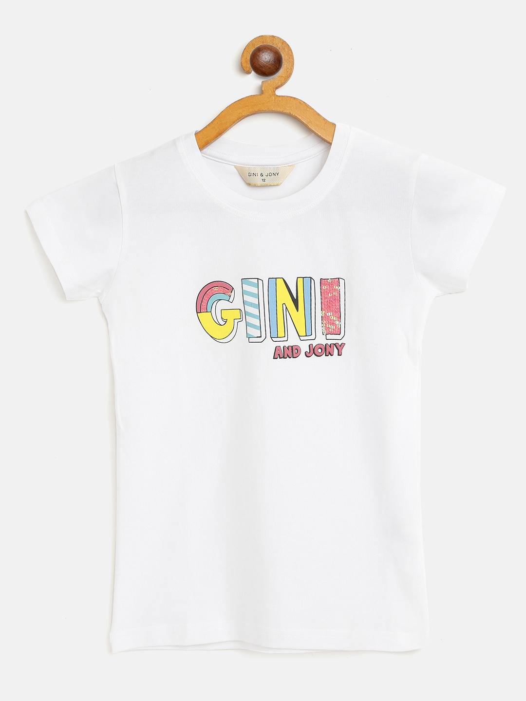 Gini and Jony Girls White Brand Logo Printed Round Neck T-shirt