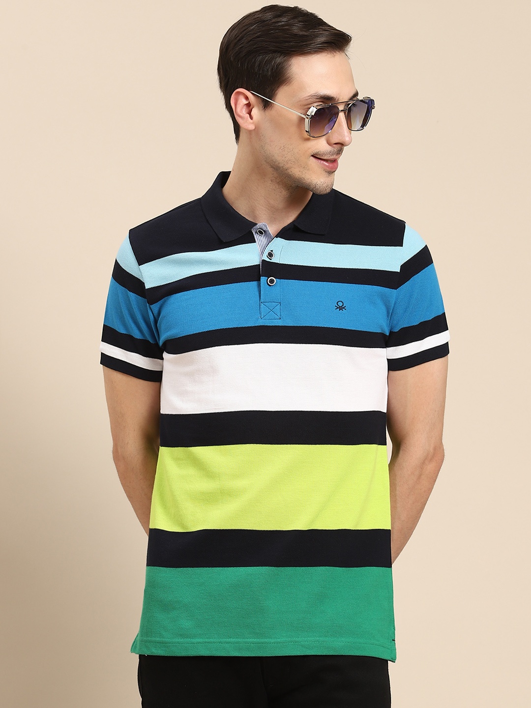 United Colors of Benetton Men Navy Blue Green Striped Pure Cotton Polo Collar Pure Cotton T-shirt
United Colors of Benetton Men Navy Blue Green Striped Pure Cotton Polo Collar Pure Cotton T-shirt