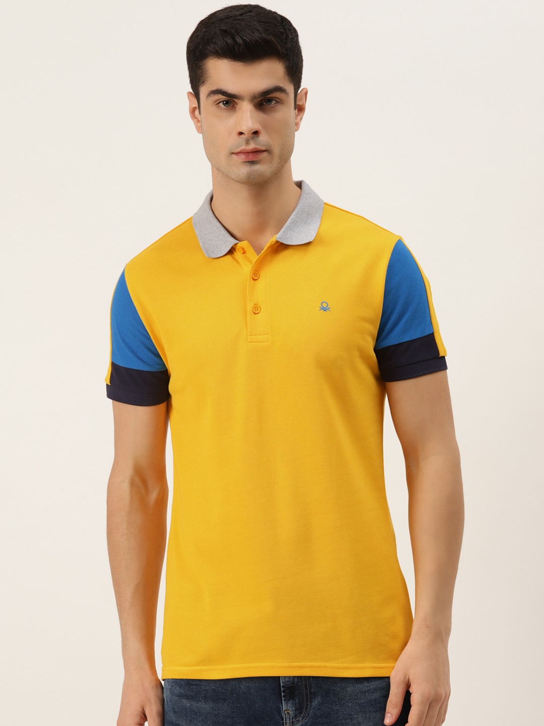 United Colors of Benetton Men Yellow Polo Collar Pure Cotton T-shirt