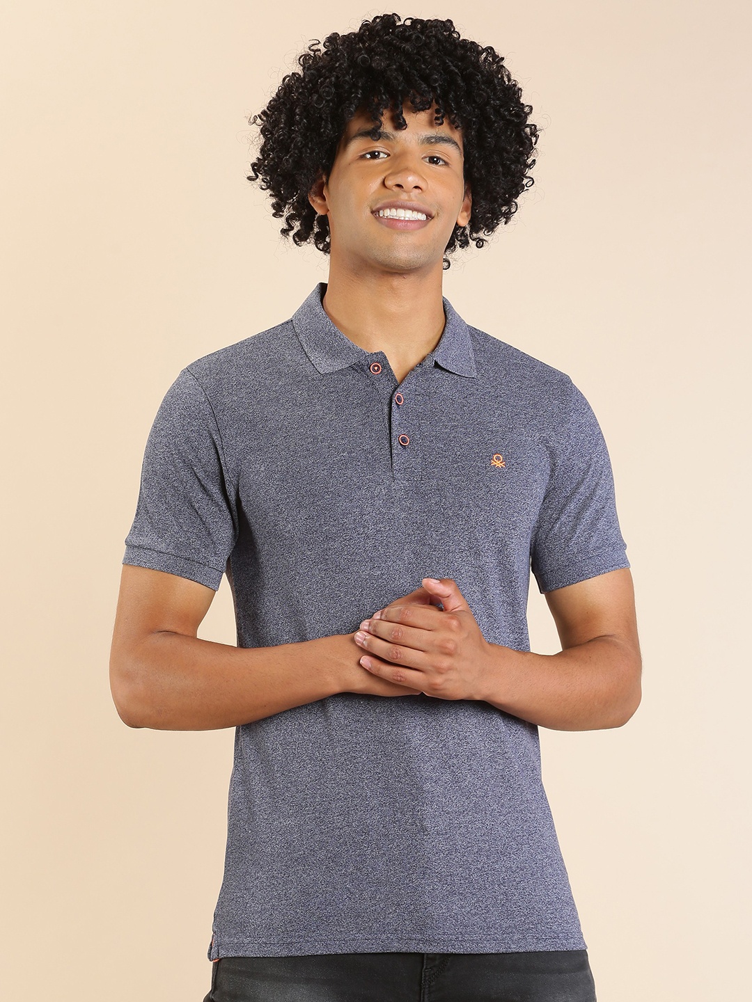 United Colors of Benetton Men Charcoal Grey Polo Collar T-shirt