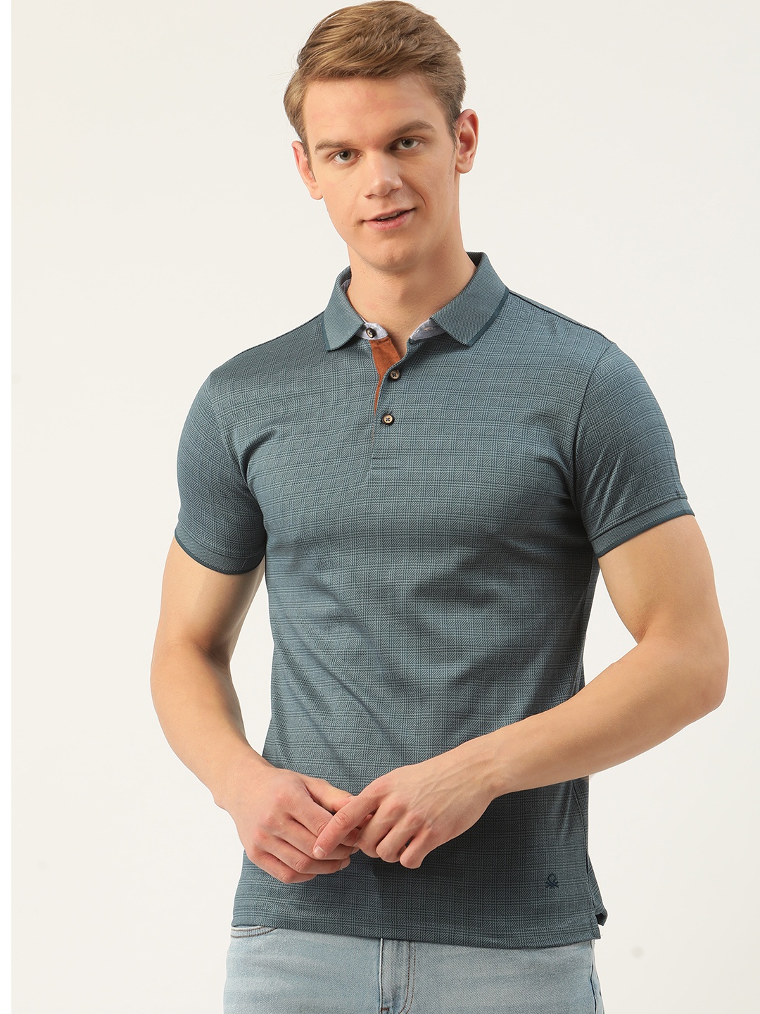 United Colors of Benetton Men Blue Checked Pure Cotton Polo Collar Pure Cotton T-shirt