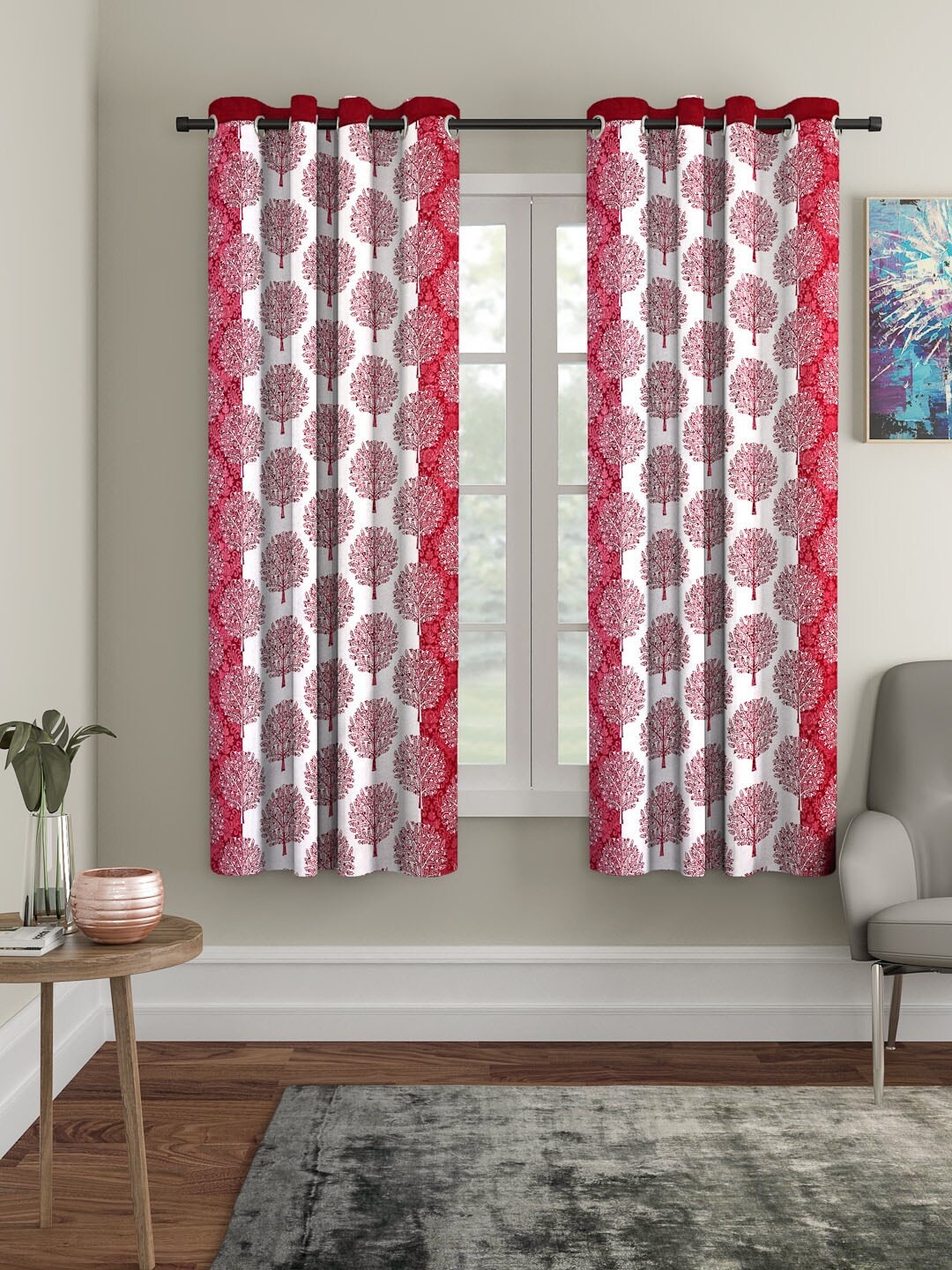 Cortina White & Maroon Set of 2 Printed Window Curtains