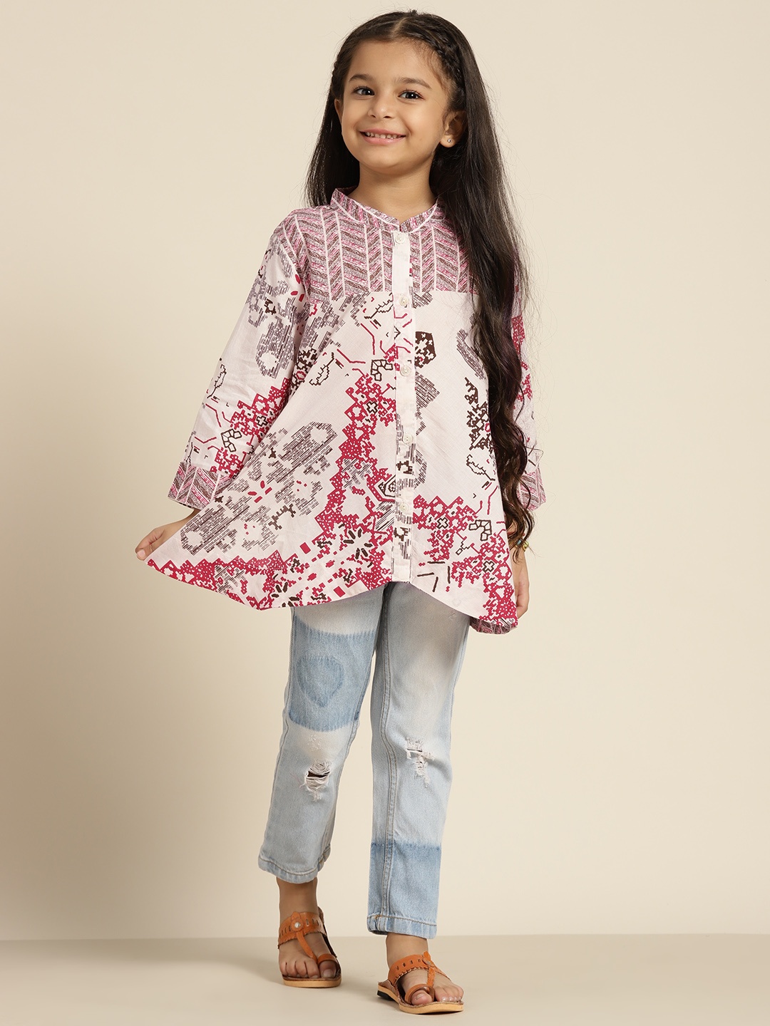 Sangria Girls Pink & Brown Mandarin Collar Cotton Printed A-Line Tunic