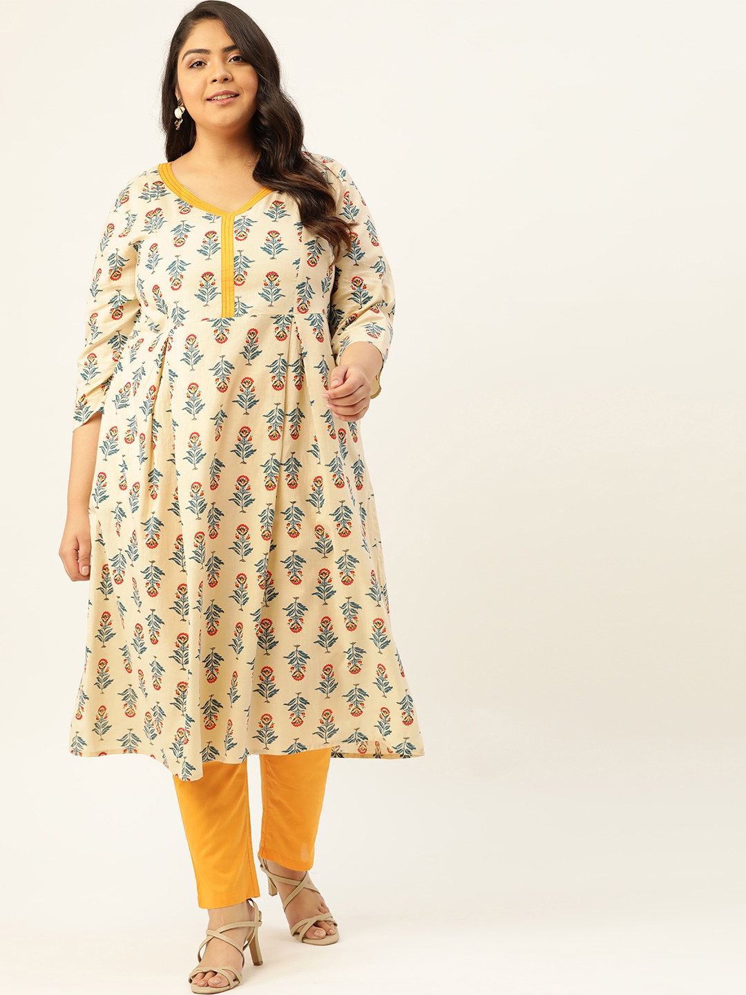 Sztori Plus Size Women Off White & Yellow Ethnic Motifs Pure Cotton Kurta with Trousers
Sztori Plus Size Women Off White & Yellow Ethnic Motifs Pure Cotton Kurta with Trousers