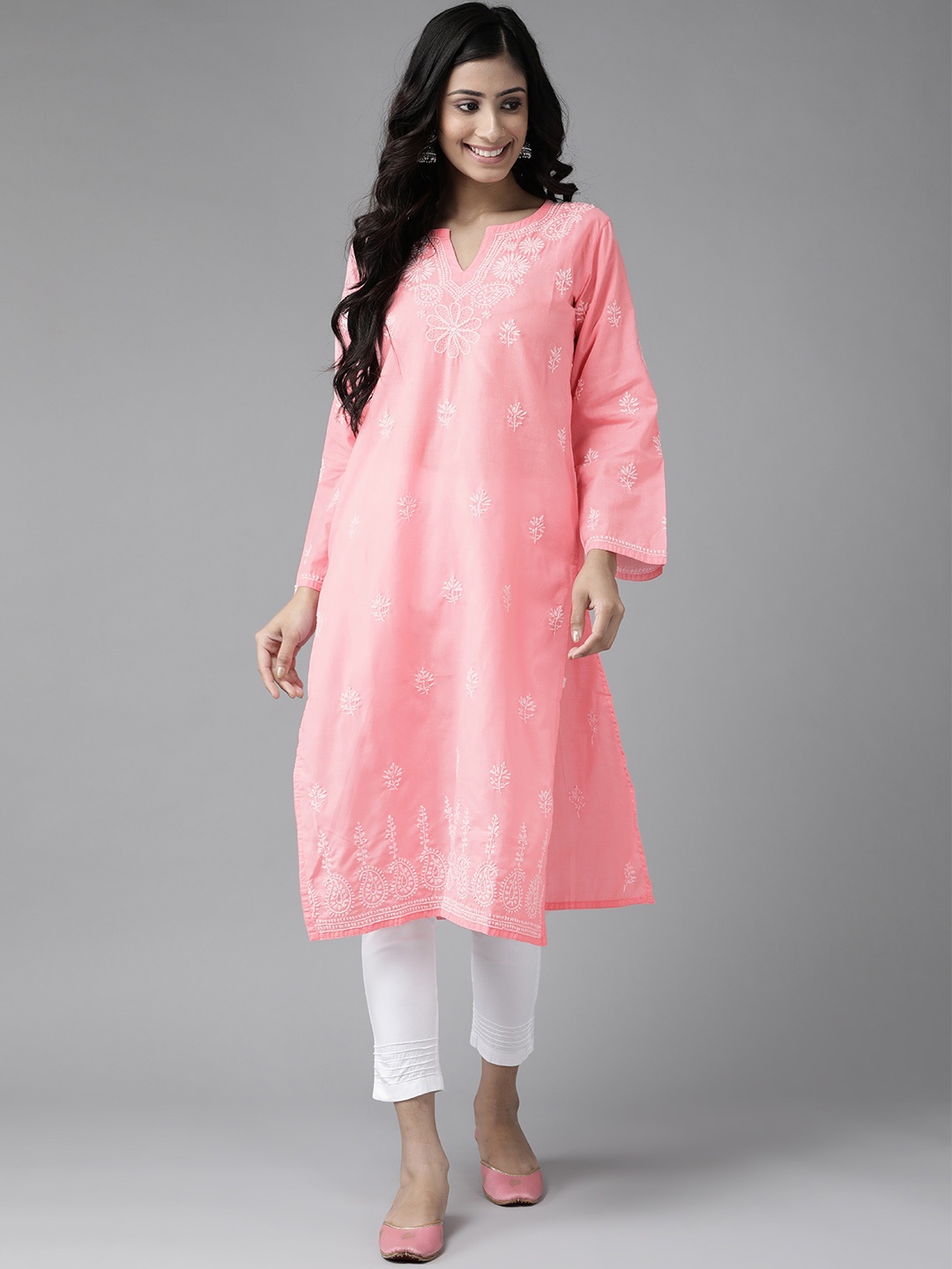 ADA Women Pink & White Pure Cotton Chikankari Embroidered Handloom Kurta with Trousers
ADA Women Pink & White Pure Cotton Chikankari Embroidered Handloom Kurta with Trousers