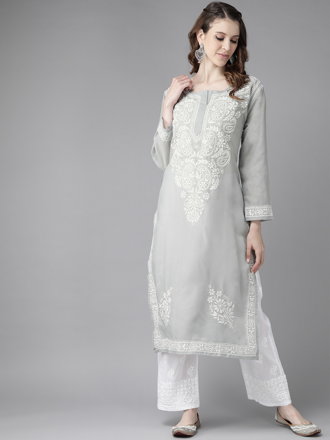 ADA Women Grey & White Cotton Sustainable Hand Embroidered Chikankari Kurta with Palazzos
ADA Women Grey & White Cotton Sustainable Hand Embroidered Chikankari Kurta with Palazzos