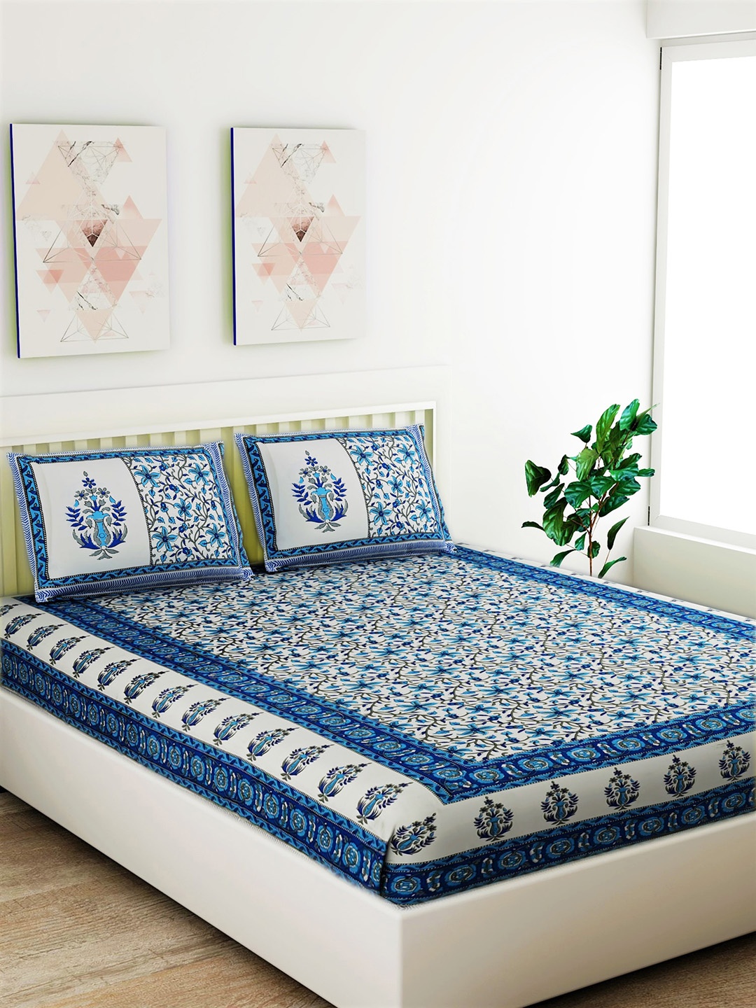 Salona Bichona Blue & White Floral 120 TC Cotton 1 Queen Bedsheet with 2 Pillow Covers
Salona Bichona Blue & White Floral 120 TC Cotton 1 Queen Bedsheet with 2 Pillow Covers