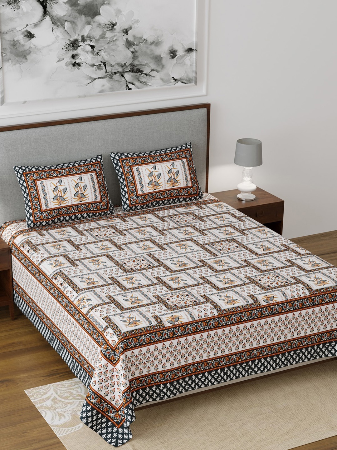 Salona Bichona White & Brown Ethnic Motifs 120 TC Cotton 1 King Bedsheet with 2 Pillow Covers
Salona Bichona White & Brown Ethnic Motifs 120 TC Cotton 1 King Bedsheet with 2 Pillow Covers