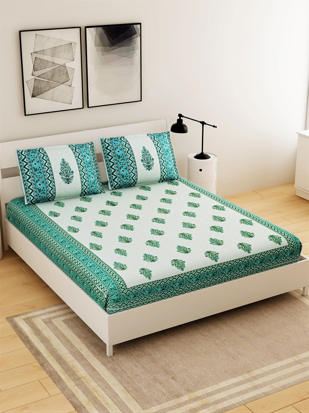 Salona Bichona Green & White Ethnic Motifs 120 TC Cotton 1 Queen Bedsheet with 2 Pillow Covers
Salona Bichona Green & White Ethnic Motifs 120 TC Cotton 1 Queen Bedsheet with 2 Pillow Covers
