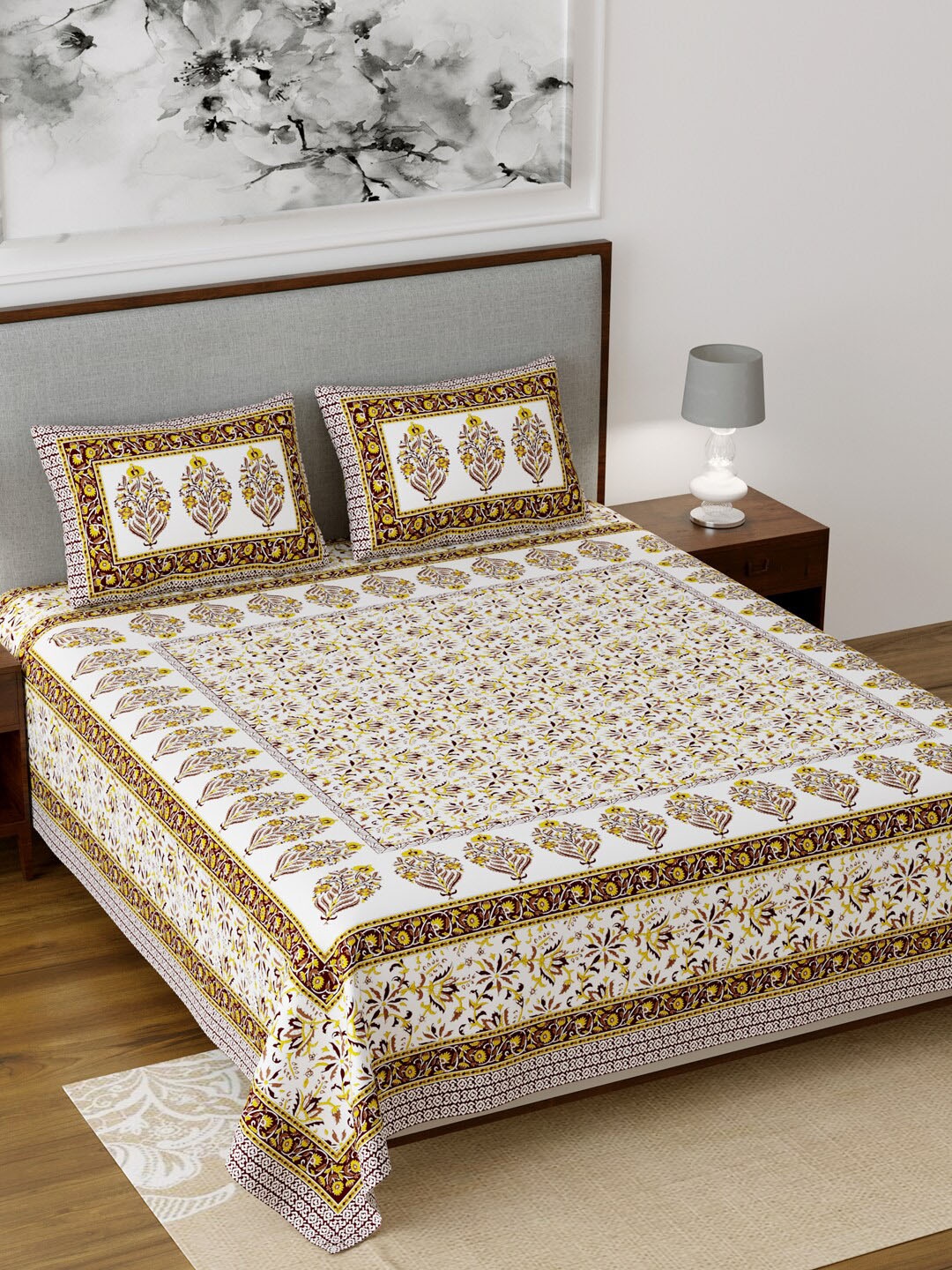 Salona Bichona White & Yellow Ethnic Motifs 120 TC Cotton 1 King Bedsheet with 2 Pillow Covers
Salona Bichona White & Yellow Ethnic Motifs 120 TC Cotton 1 King Bedsheet with 2 Pillow Covers