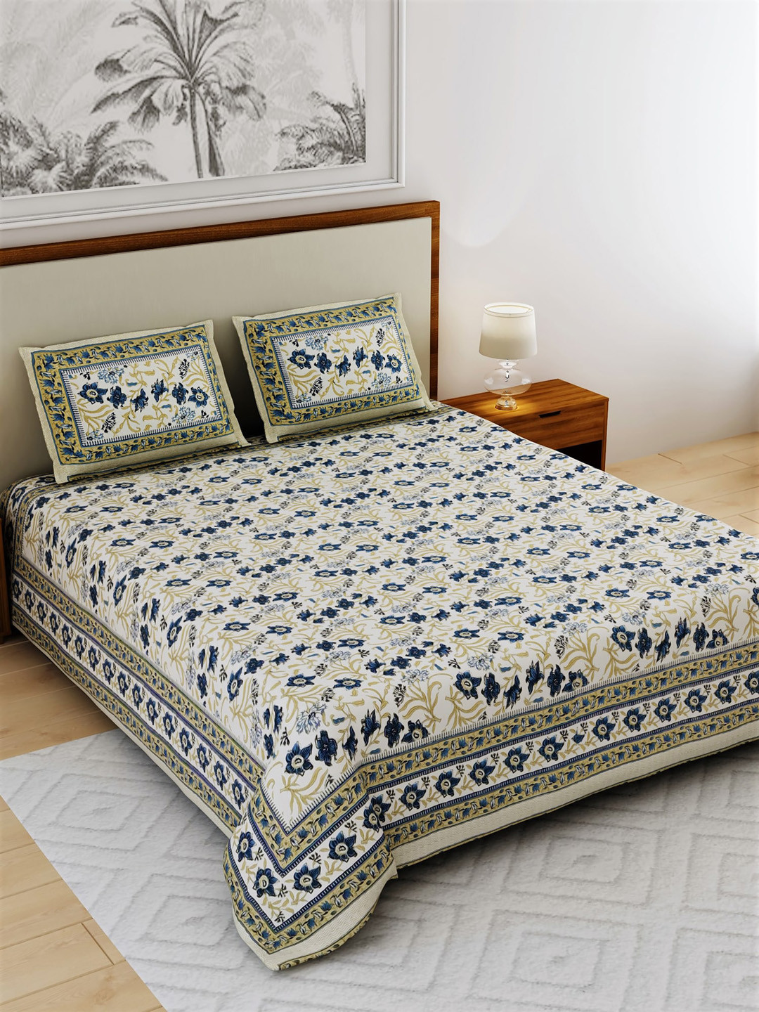 Salona Bichona White & Blue Ethnic Motifs 120 TC Cotton 1 Queen Bedsheet with 2 Pillow Covers
Salona Bichona White & Blue Ethnic Motifs 120 TC Cotton 1 Queen Bedsheet with 2 Pillow Covers