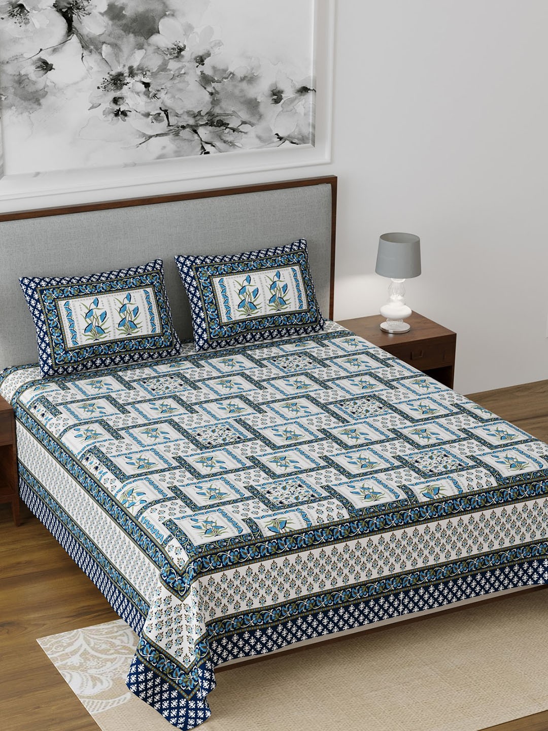 Salona Bichona White & Blue Ethnic Motifs 120 TC Cotton 1 King Bedsheet with 2 Pillow Covers
Salona Bichona White & Blue Ethnic Motifs 120 TC Cotton 1 King Bedsheet with 2 Pillow Covers