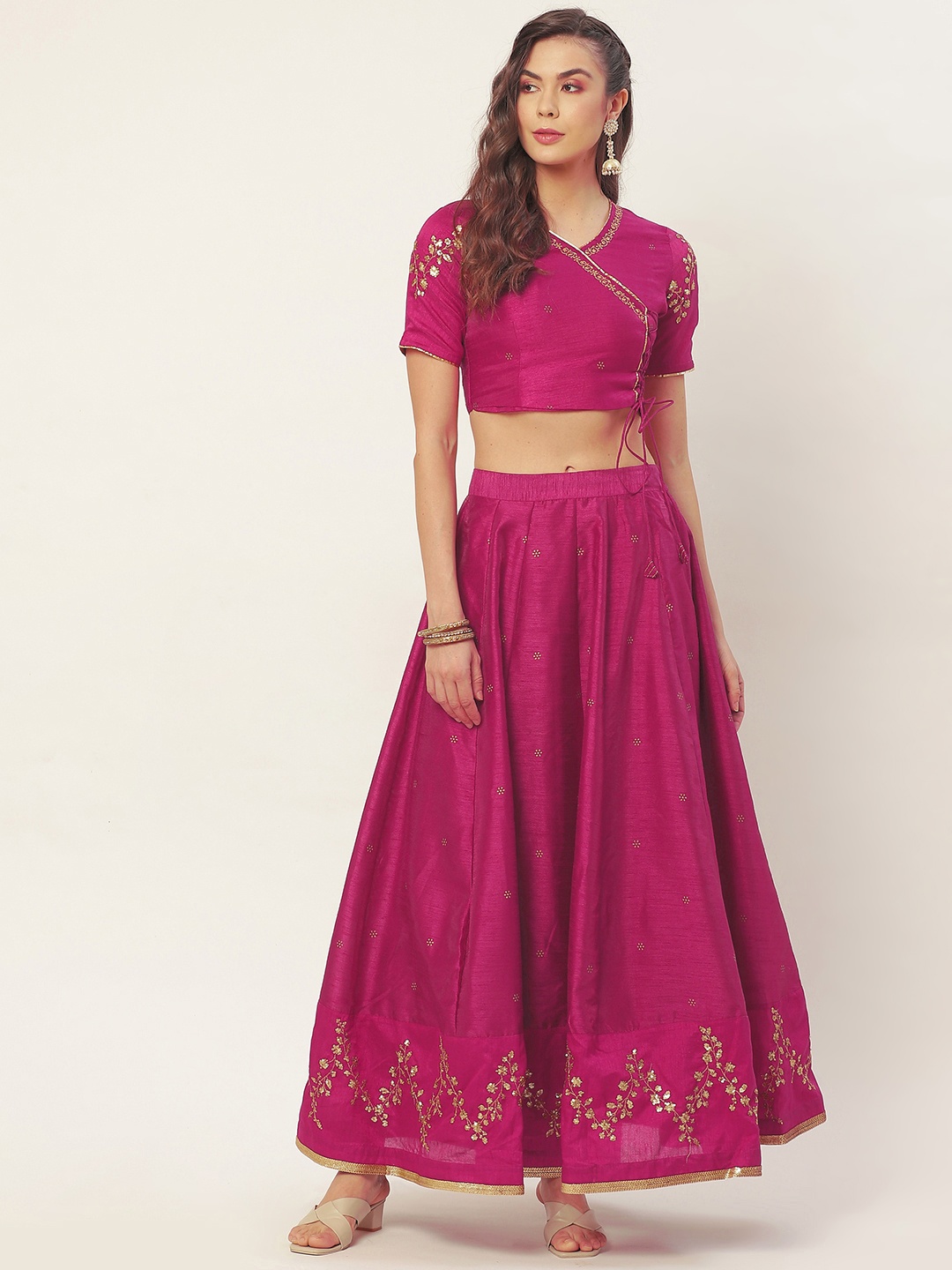 Aayna Women Pink Embellished Top with Skirt