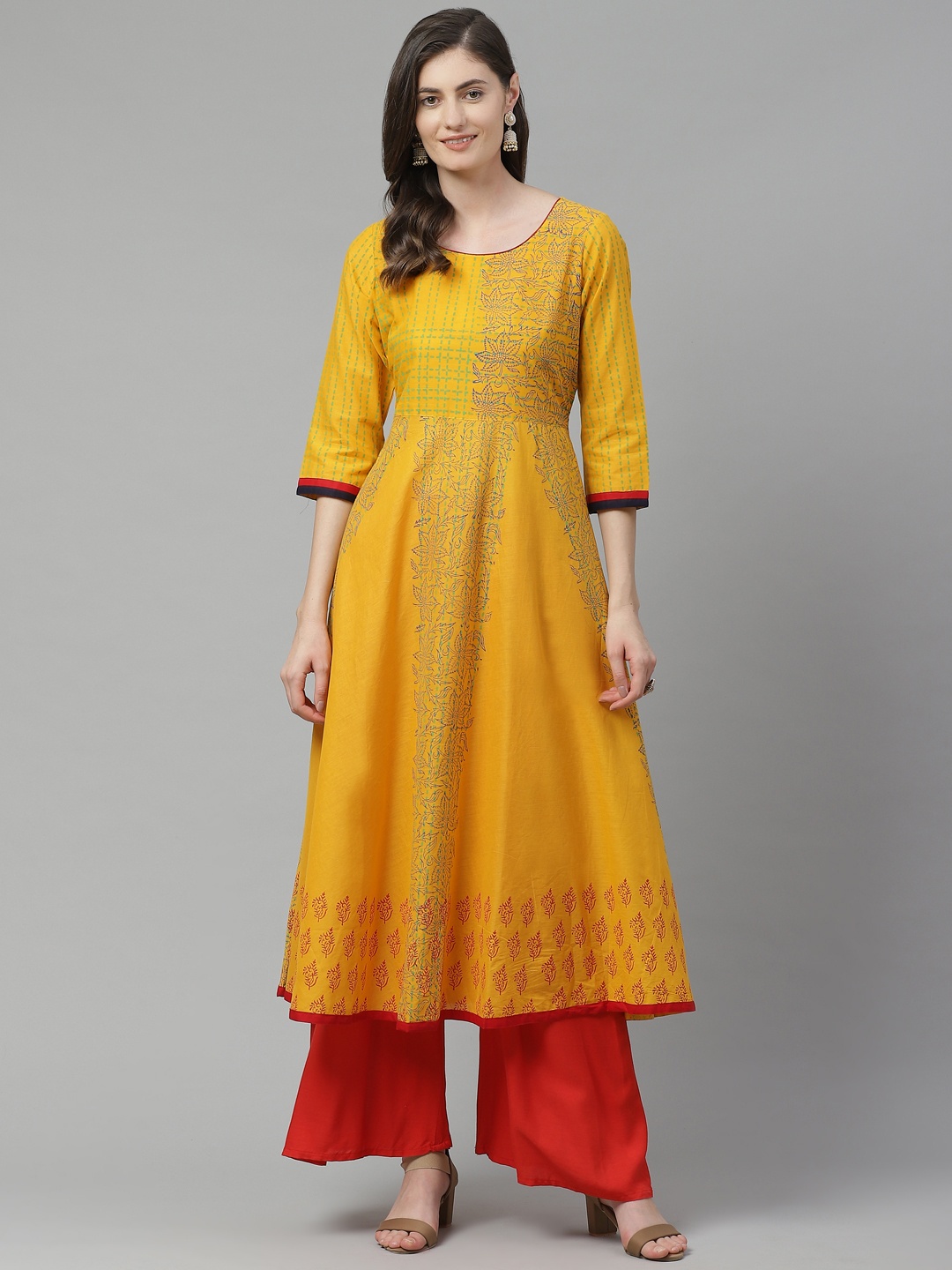 Akshatani Women Mustard Yellow & Navy Cotton Ethnic Motifs Hand Block Print A-Line Kurta
Akshatani Women Mustard Yellow & Navy Cotton Ethnic Motifs Hand Block Print A-Line Kurta