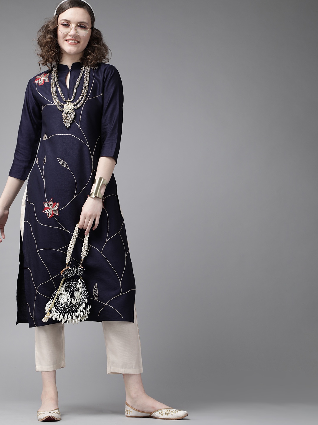 Indo Era Navy Blue & Off-White Romantic Floral Sequinned Embroidered Kurta with Trousers
Indo Era Navy Blue & Off-White Romantic Floral Sequinned Embroidered Kurta with Trousers