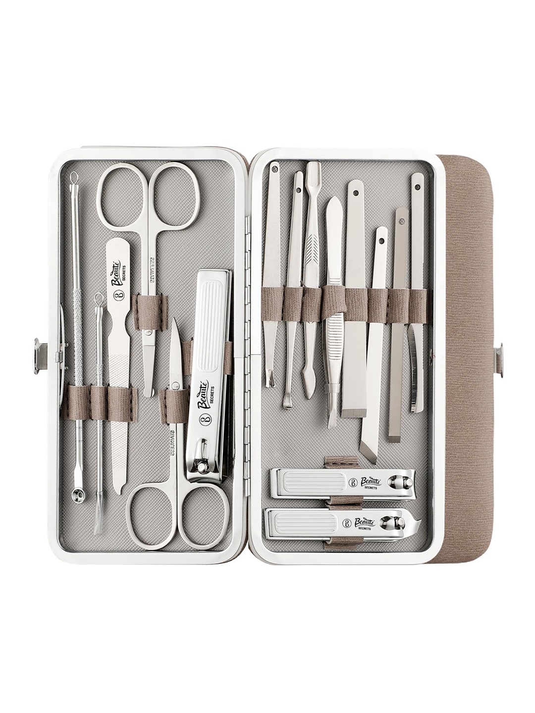Beaute Secrets Unisex 16 Pcs Professional Stainless Steel Grooming Kit with Leather Case, Grey
Beaute Secrets Unisex 16 Pcs Professional Stainless Steel Grooming Kit with Leather Case, Grey