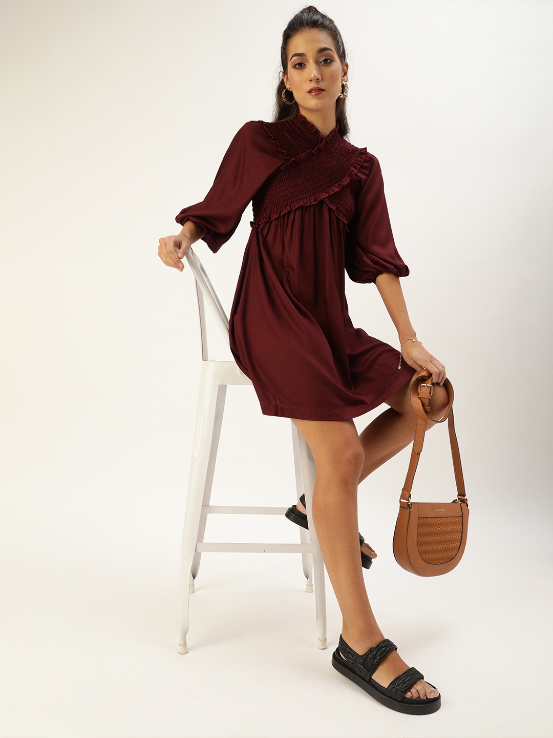 Style Quotient Bold Burgundy Solid Smocked Dress