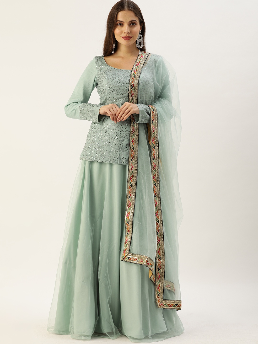 Ethnovog Grey Green Embroidered Sequinned Made to Measure Lehenga Blouse With Dupatta
Ethnovog Grey Green Embroidered Sequinned Made to Measure Lehenga Blouse With Dupatta