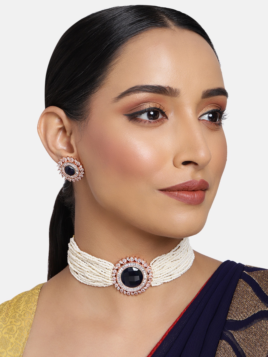 justpeachy Off-White & Navy Blue Rose Gold-Plated American Diamond Studded Jewellery Set
justpeachy Off-White & Navy Blue Rose Gold-Plated American Diamond Studded Jewellery Set