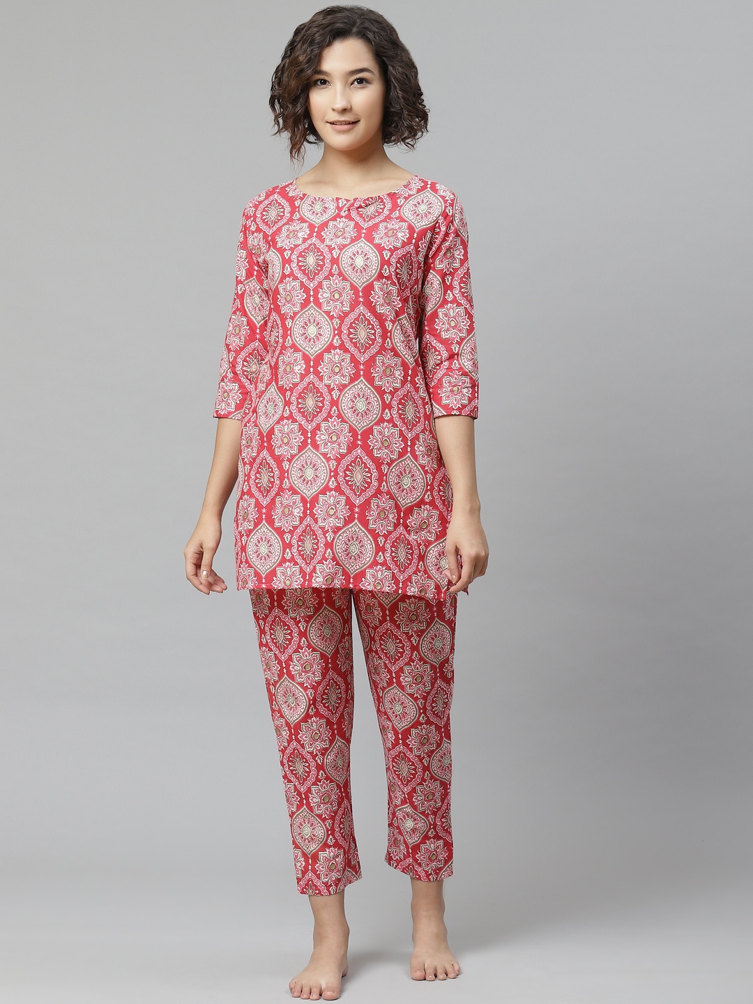 Anubhutee Women Red & White Printed Pure Cotton Night suit