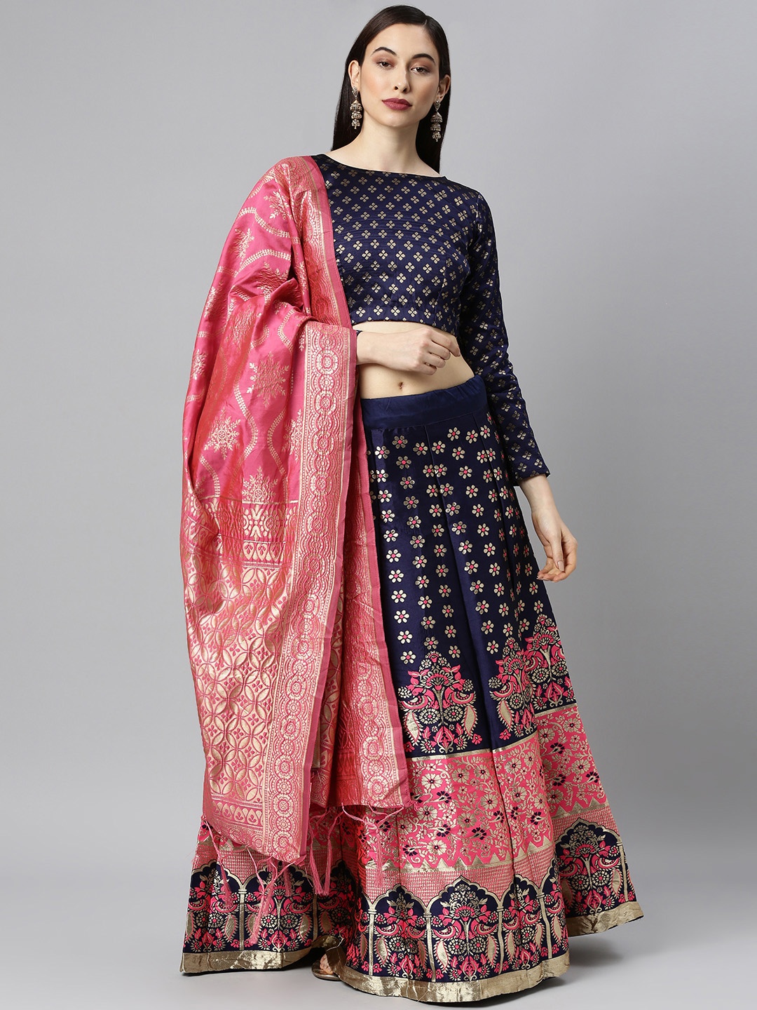 DIVASTRI Navy Blue & Gold-Toned Semi-Stitched Lehenga & Unstitched Blouse With Dupatta
DIVASTRI Navy Blue & Gold-Toned Semi-Stitched Lehenga & Unstitched Blouse With Dupatta