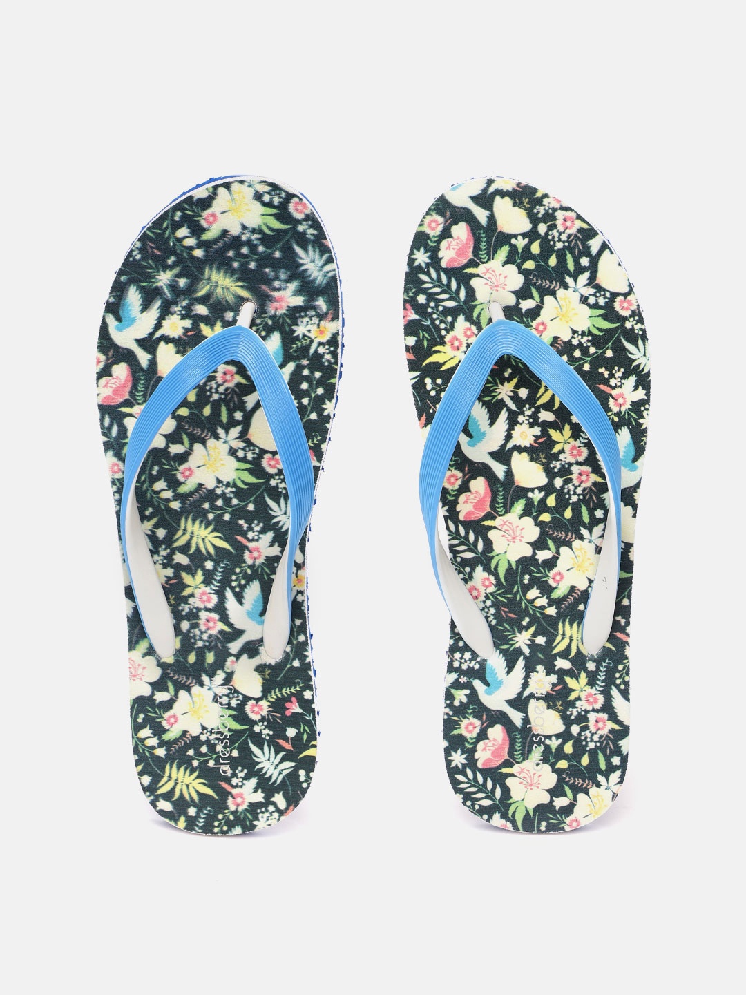 DressBerry Women Blue & Green Floral Printed Thong Flip-Flops