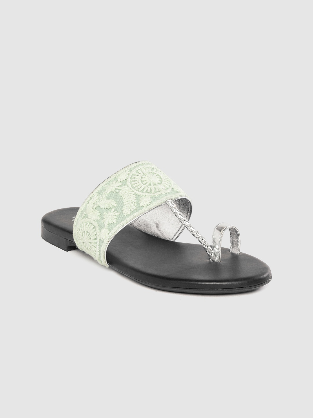 Anouk Women Mint Green & Silver-Toned Embroidery One-Toe Ethnic T-Strap Flats