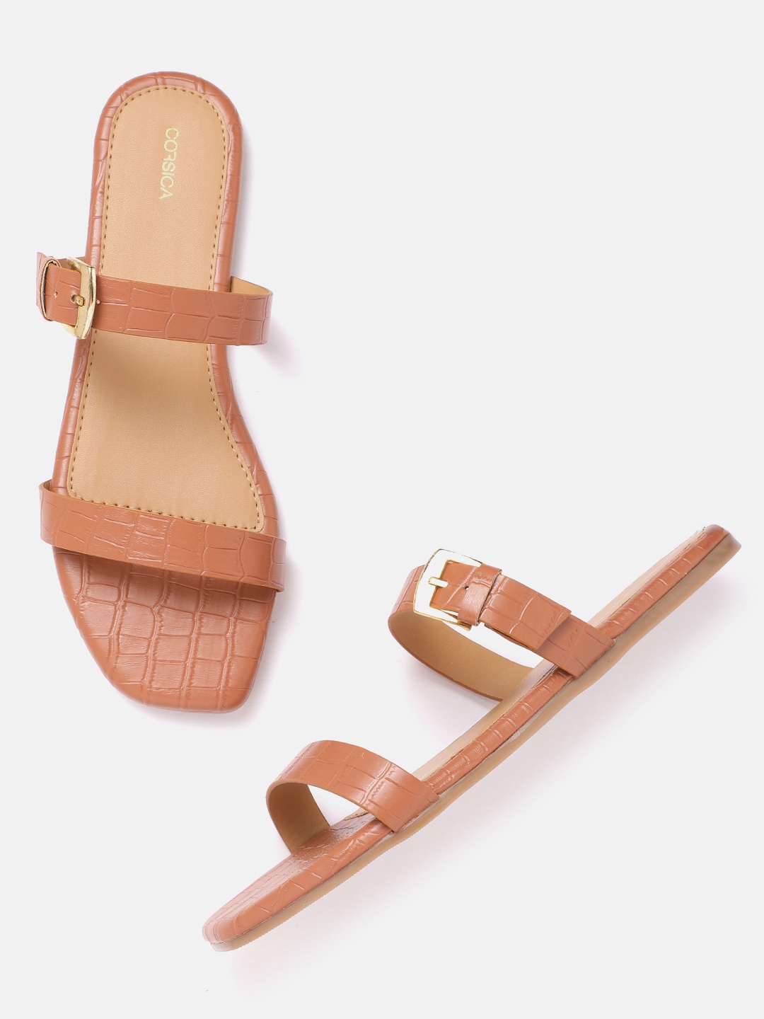 CORSICA Women Tan Brown Croc Textured Open Toe Flats with Buckle Detail