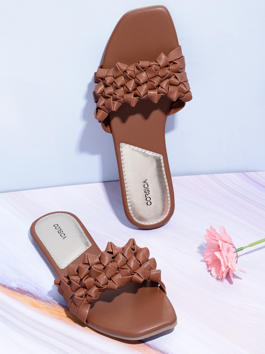 CORSICA Women Brown Basket Woven Design Open Toe Flats with Pouch