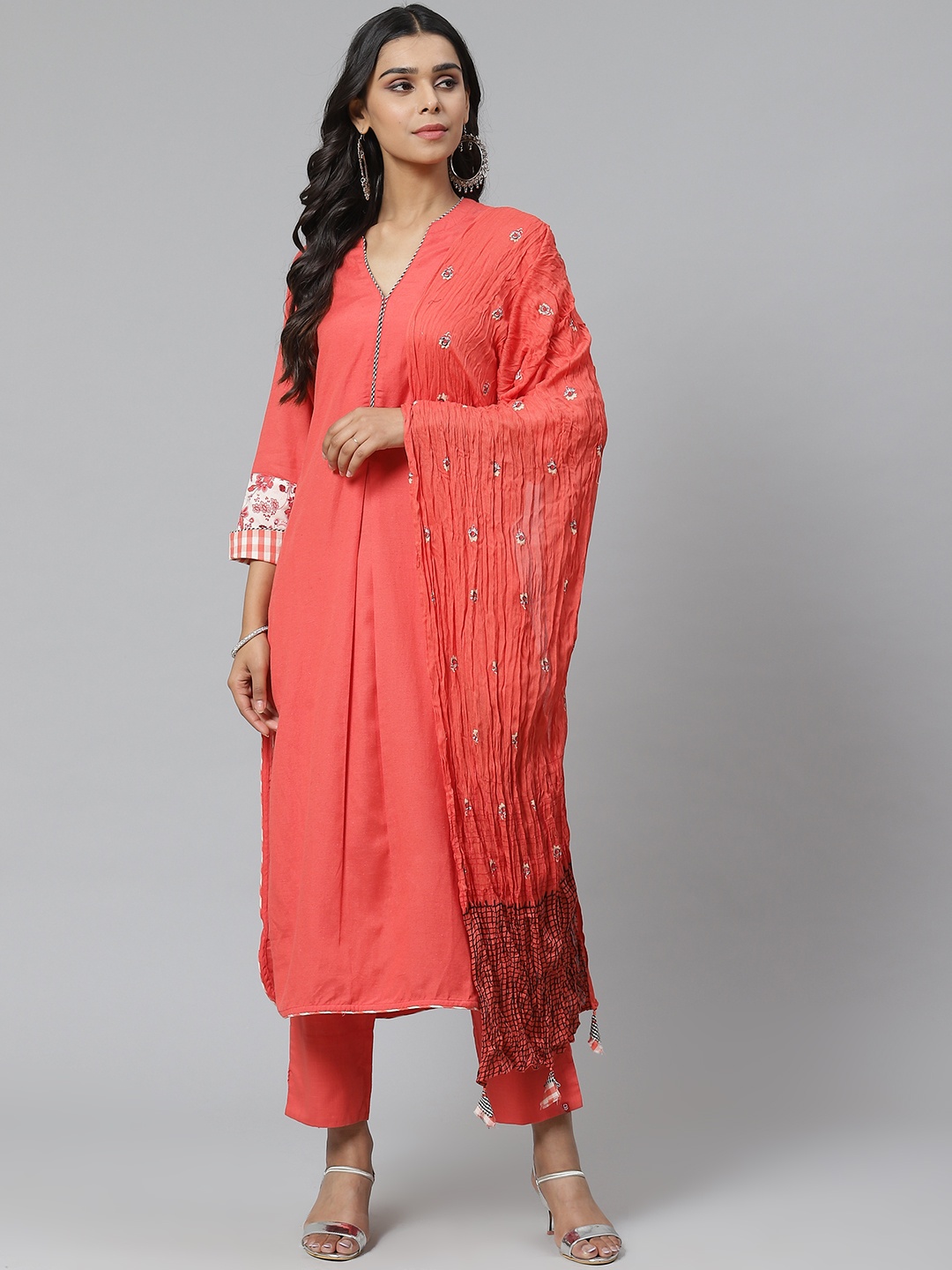 Biba Women Coral Red Solid Kurta with Trousers & Dupatta