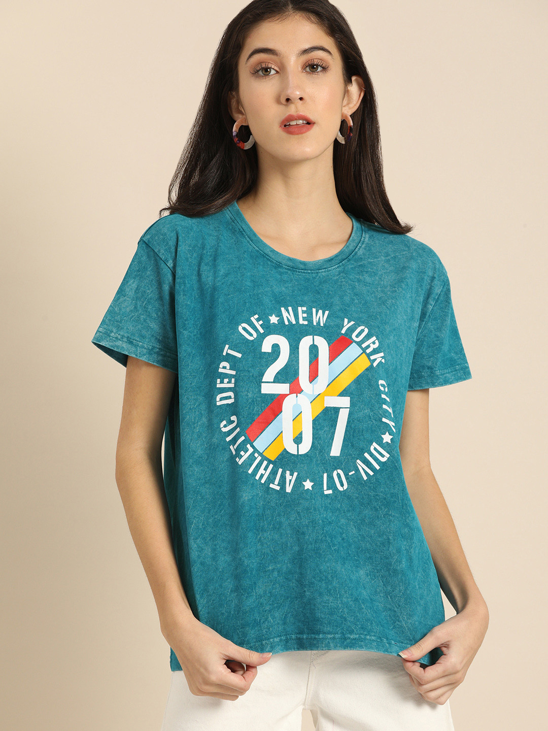 DILLINGER Women Teal Blue Fit Printed Round Neck Boxy Regular Pure Cotton T-shirt 
DILLINGER Women Teal Blue Fit Printed Round Neck Boxy Regular Pure Cotton T-shirt