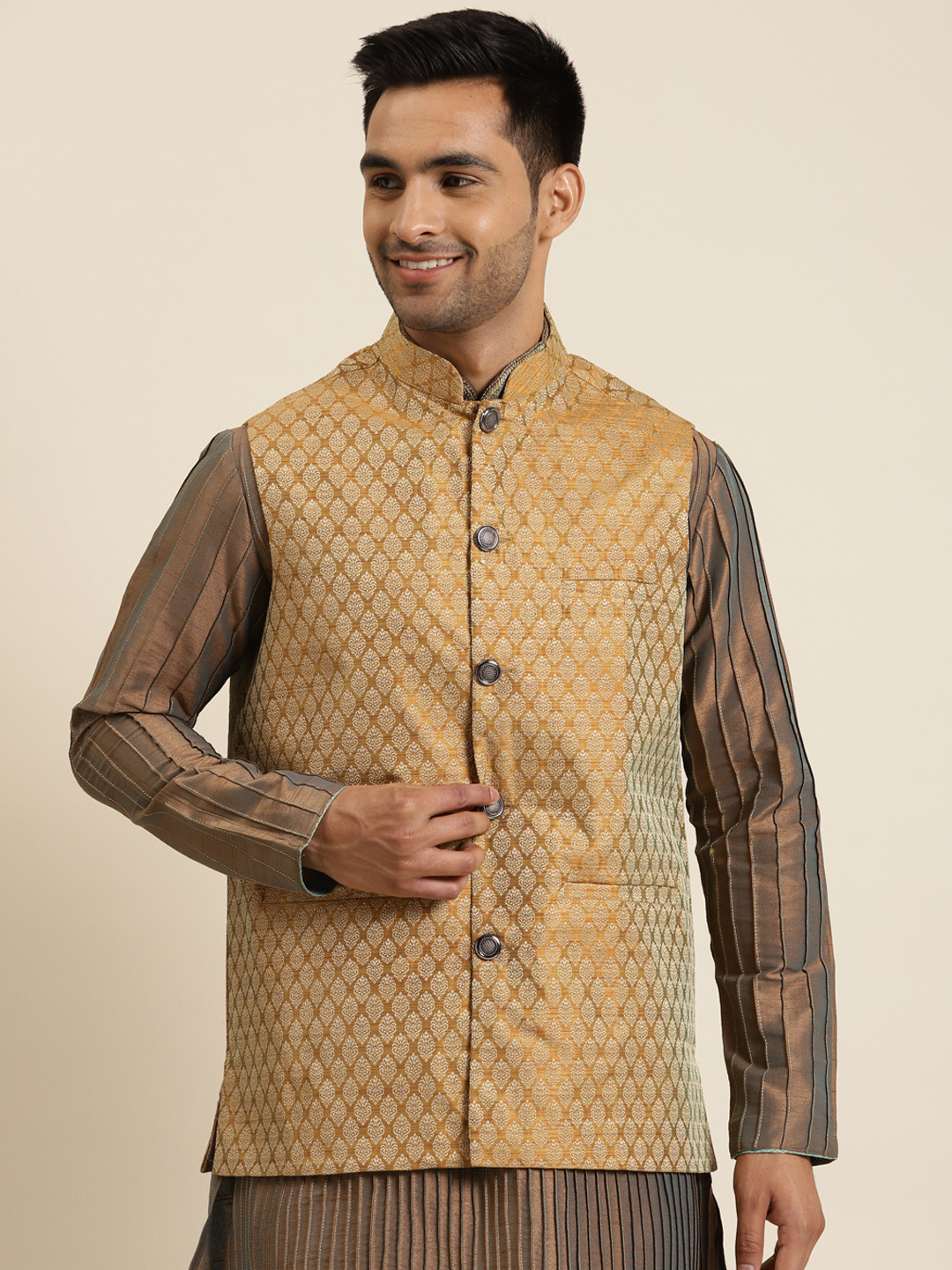Sojanya Men Mustard Brown & Golden Woven Design Jacquard Silk Nehru Jacket 
Sojanya Men Mustard Brown & Golden Woven Design Jacquard Silk Nehru Jacket