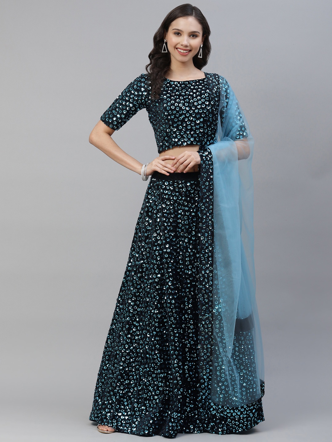 SHUBHKALA Black & Blue Embellished Sequinned Semi-Stitched Lehenga & Unstitched Blouse With Dupatta
SHUBHKALA Black & Blue Embellished Sequinned Semi-Stitched Lehenga & Unstitched Blouse With Dupatta