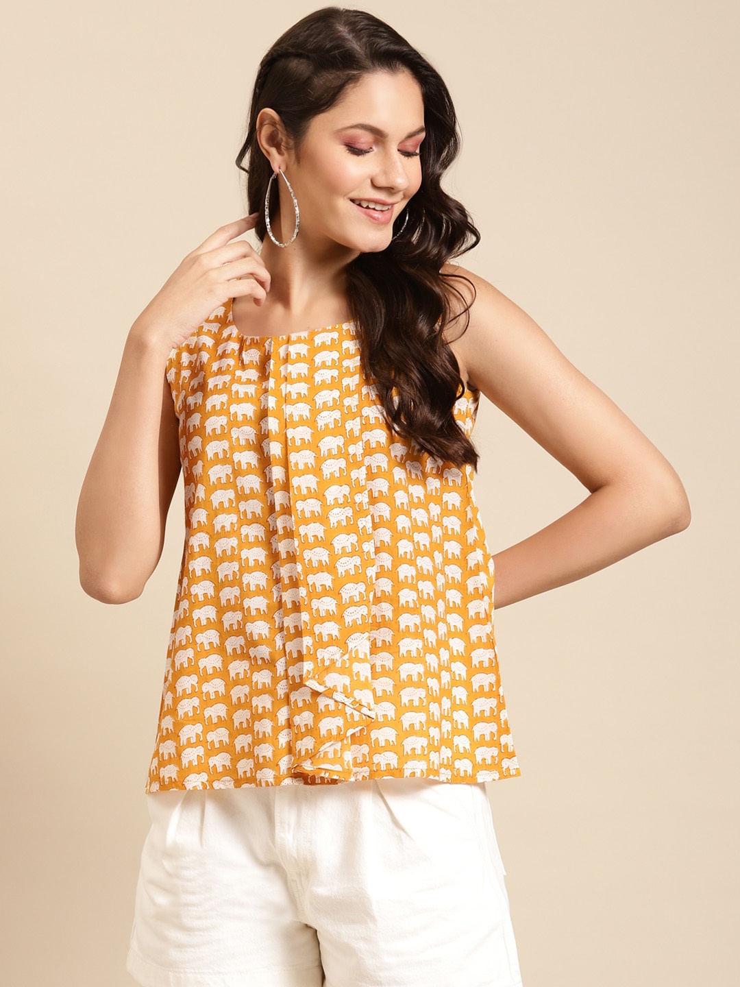 MABISH by Sonal Jain Mustard Yellow & White Printed Pure Cotton Regular Top