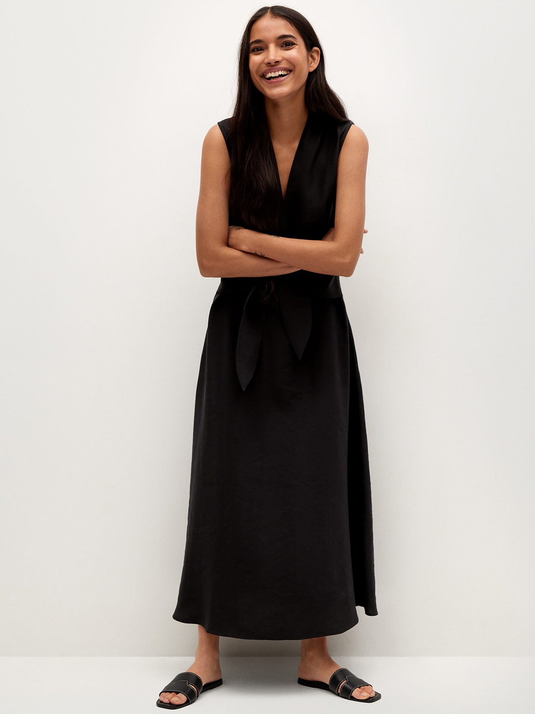 MANGO Women Black Solid Midi A-Line Dress