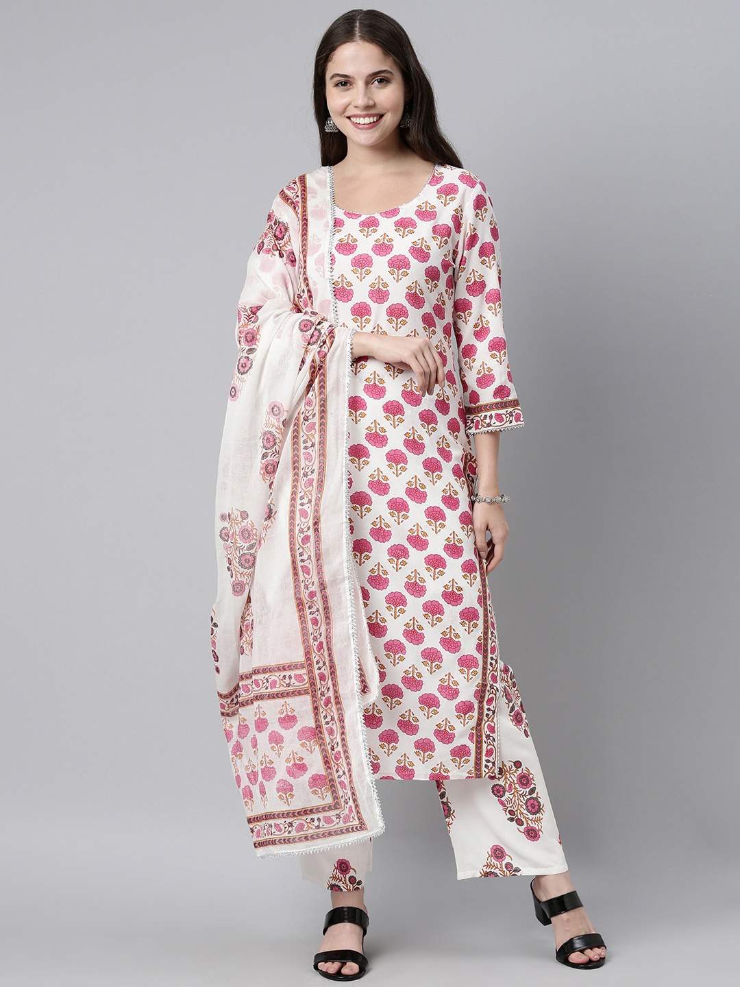 KALINI Women Pink & White Floral Printed Pure Cotton Kurta with Palazzos & With Dupatta
KALINI Women Pink & White Floral Printed Pure Cotton Kurta with Palazzos & With Dupatta
