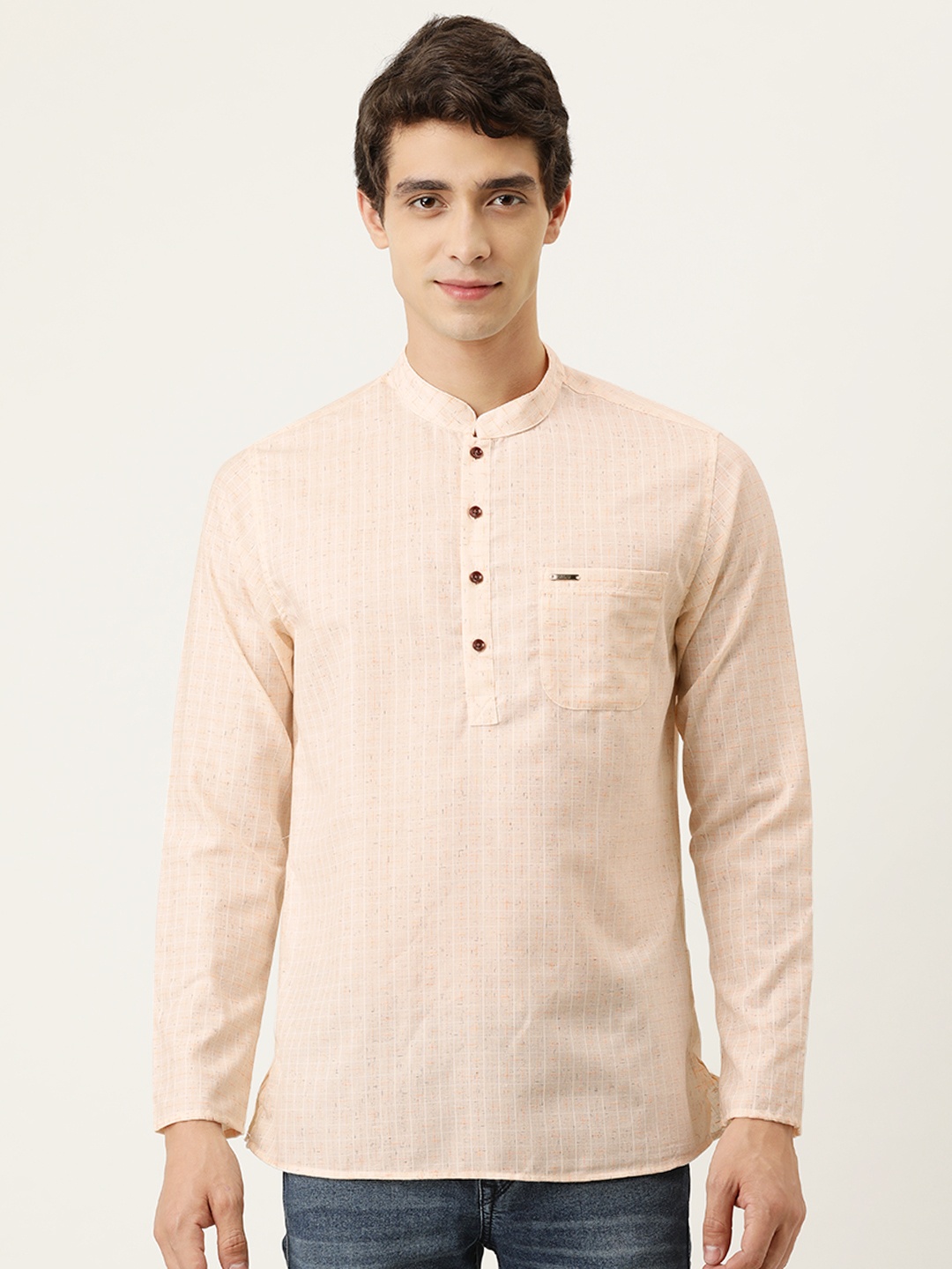 Peter England Men Peach-Coloured & White Slim Fit Checked Kurta