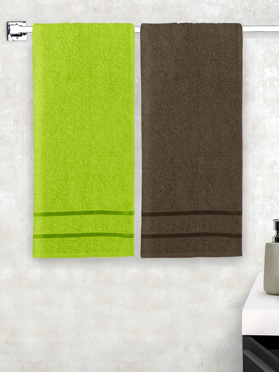 Story@home Set Of 2 Green & Brown Solid 450GSM Cotton Medium Size Bath Towel