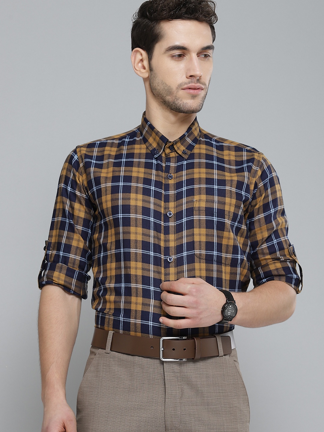 DENNISON Men Mustard Yellow & Navy Blue Smart Slim Fit Pure Cotton Checked Formal Shirt
DENNISON Men Mustard Yellow & Navy Blue Smart Slim Fit Pure Cotton Checked Formal Shirt