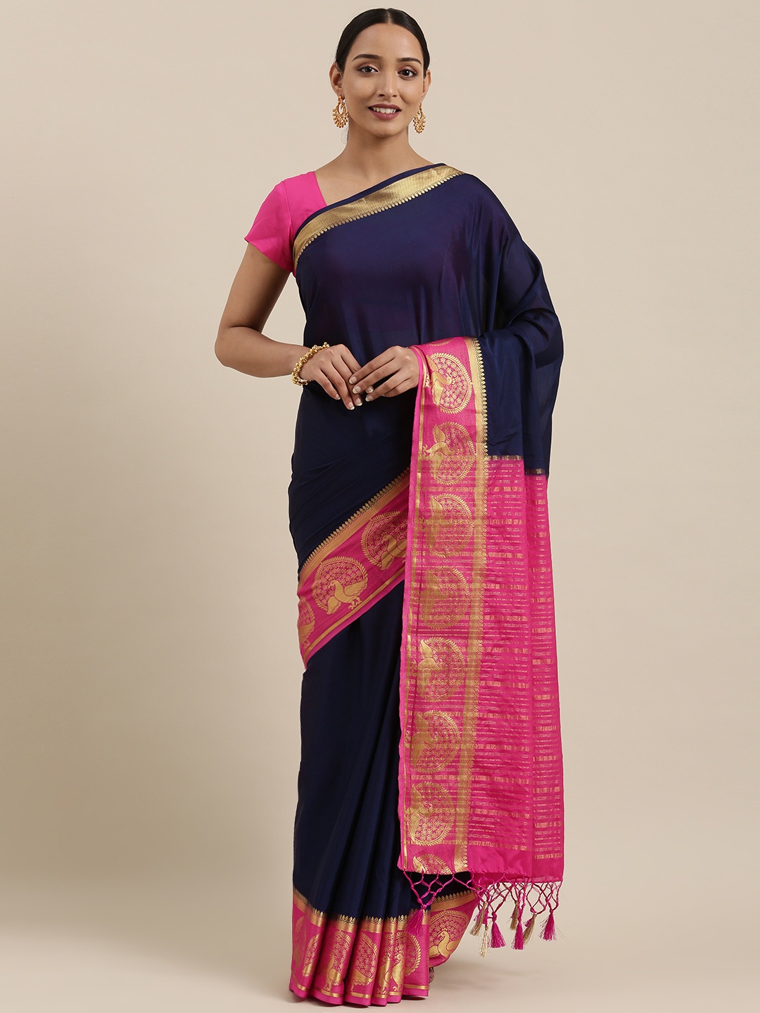 MIMOSA Blue & Pink Poly Crepe Solid Mysore Silk Saree