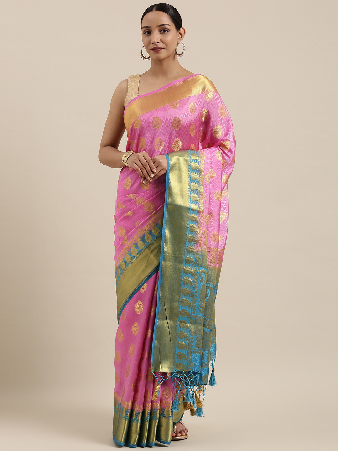 MIMOSA Pink & Gold-Toned Art Silk Woven Design Kanjeevaram Saree 
MIMOSA Pink & Gold-Toned Art Silk Woven Design Kanjeevaram Saree