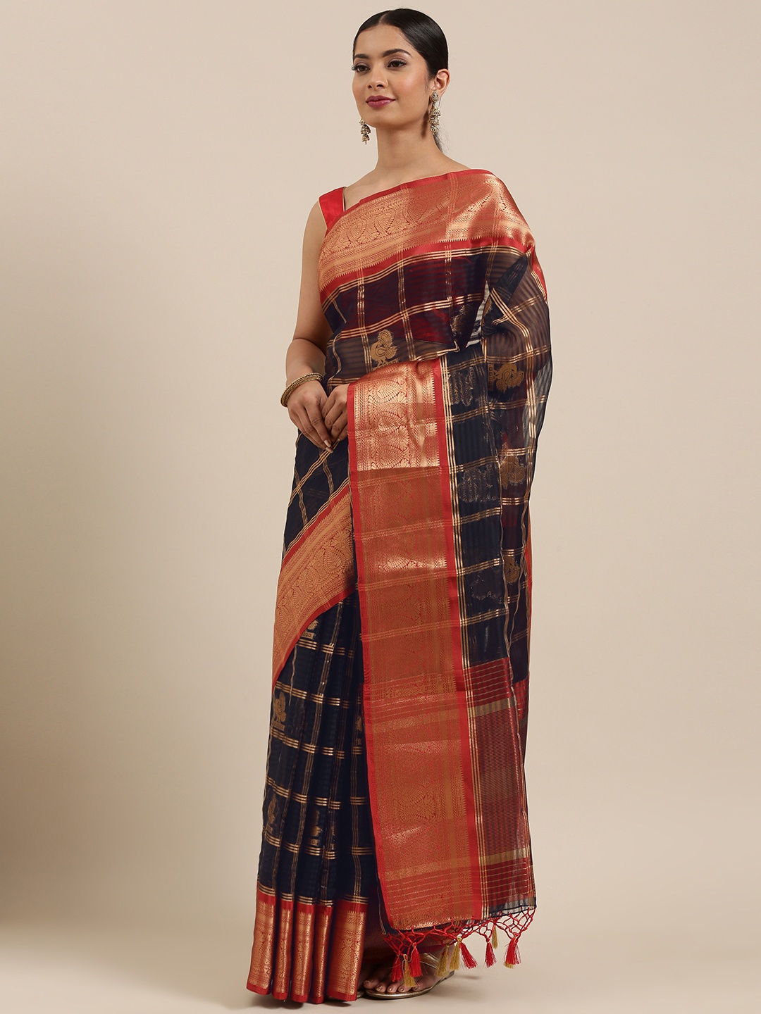 MIMOSA Black & Red Organza Woven Design Banarasi Saree