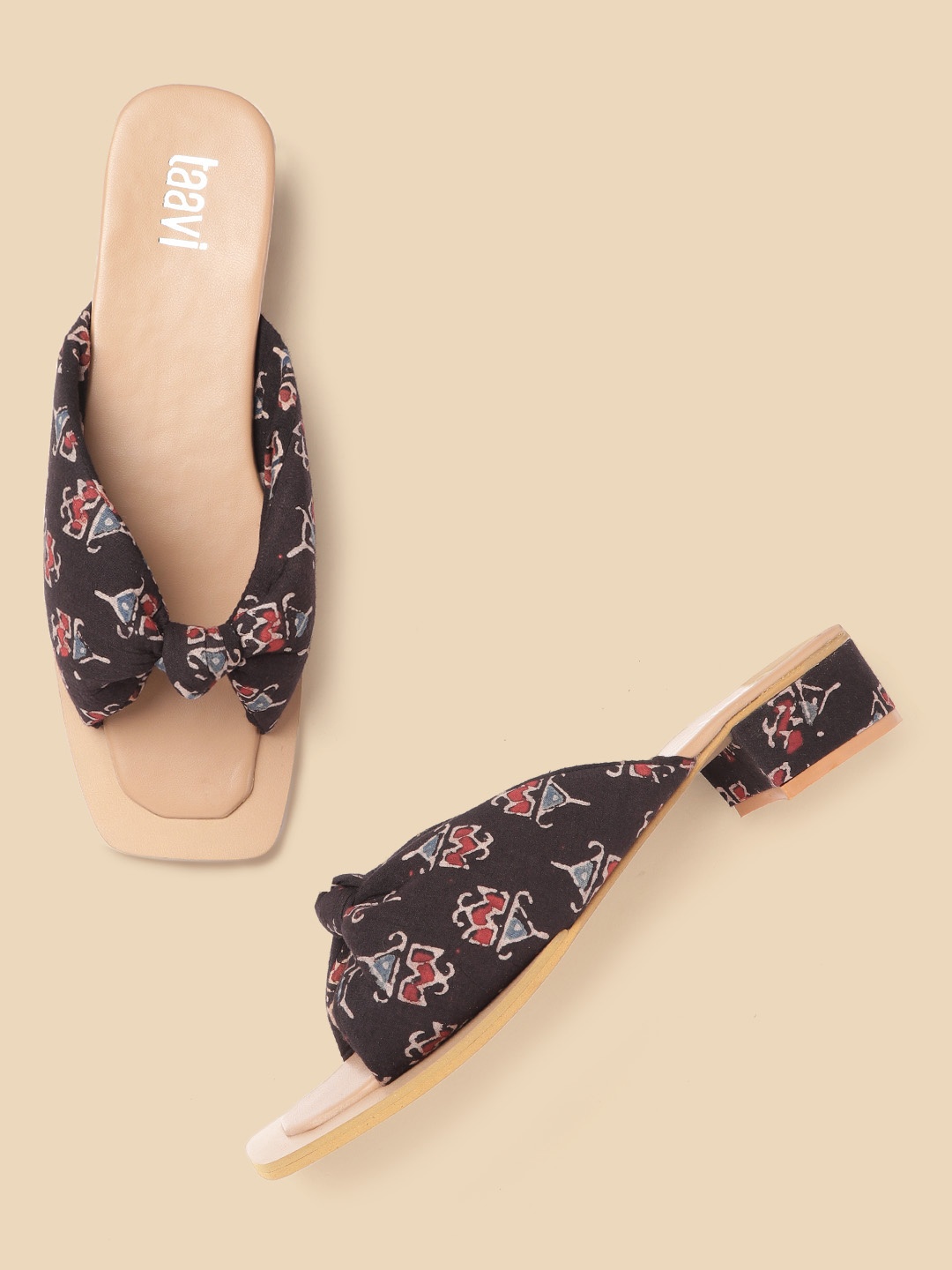 Taavi Coffee Brown & Blue Ethnic Printed Block Heels