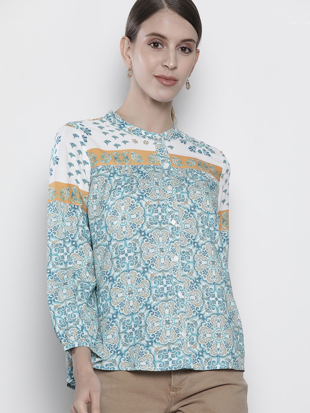 Nautica Off White & Green Printed Regular Top