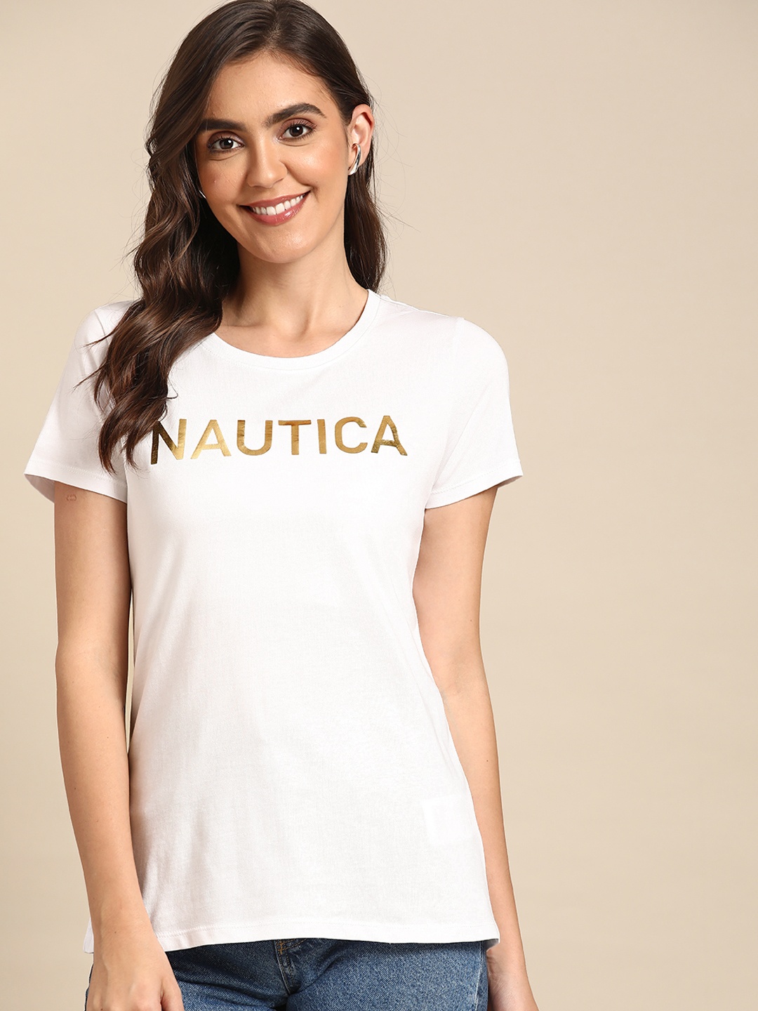 Nautica Women White Brand Logo Print Round Neck Regular Sleeves Pure Cotton T-shirt
Nautica Women White Brand Logo Print Round Neck Regular Sleeves Pure Cotton T-shirt