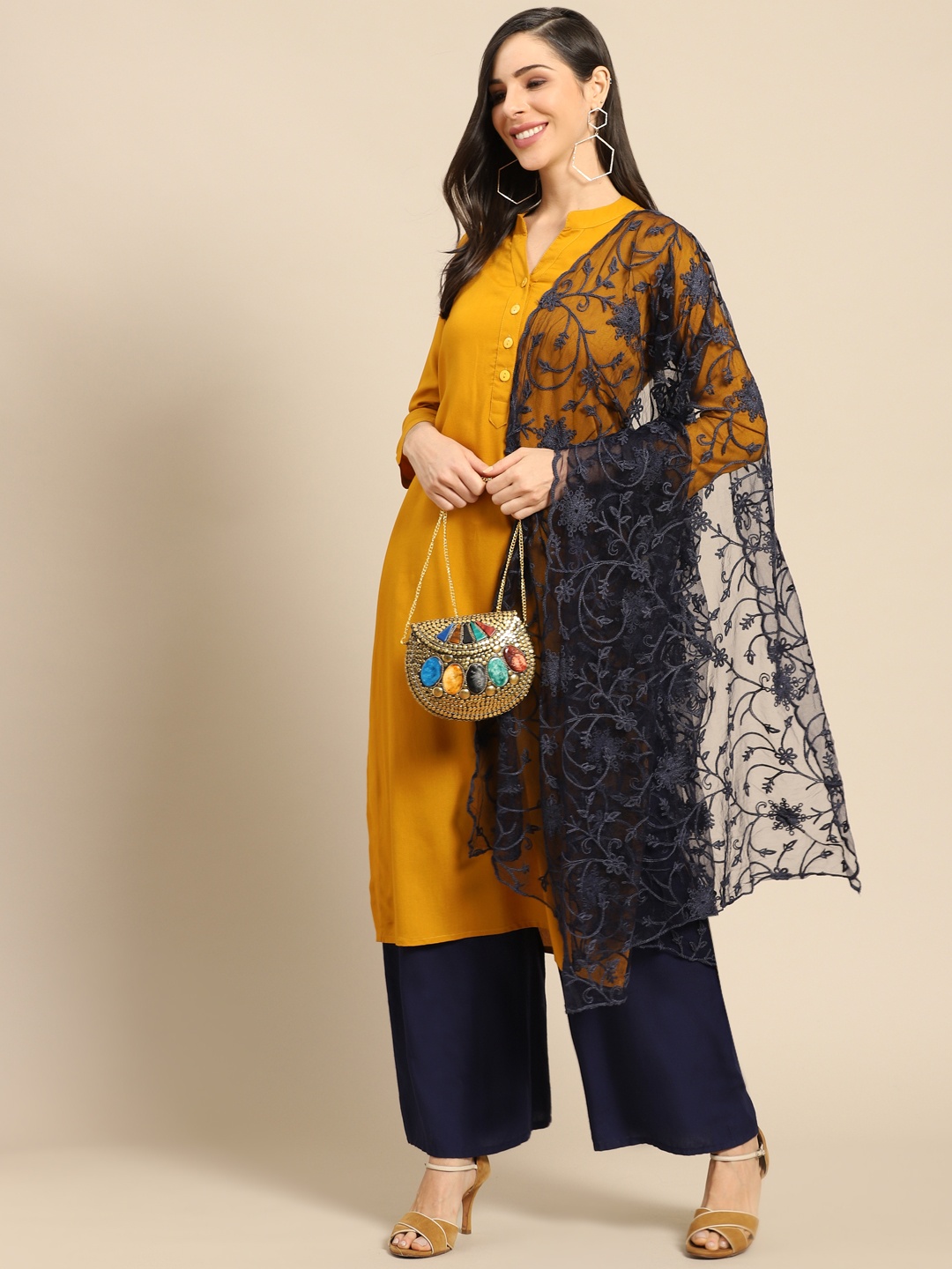 Saadgi Navy Blue Net Aari Embroidered Dupatta