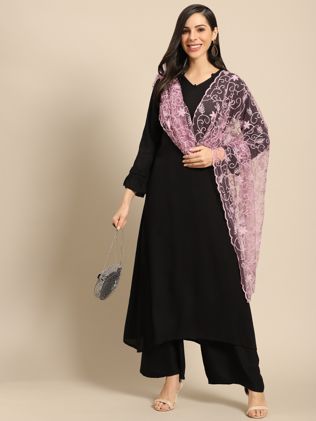 Saadgi Mauve Aari Embroidered Net Dupatta