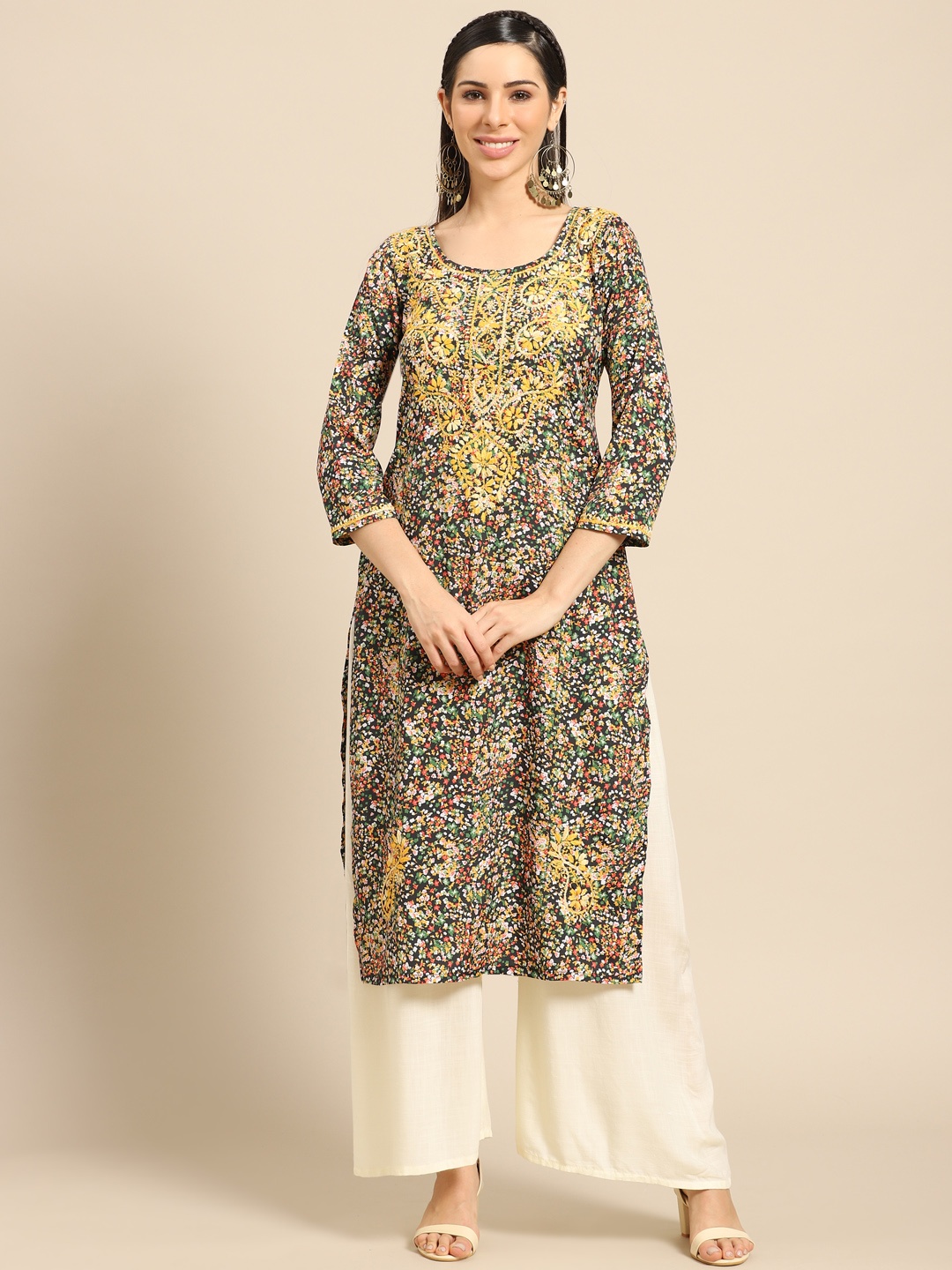 Saadgi Women Black & Mustard Yellow Ethnic Motifs Chikankari Embroidered Handloom Kurta
Saadgi Women Black & Mustard Yellow Ethnic Motifs Chikankari Embroidered Handloom Kurta
